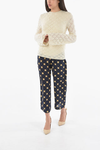 Shell-stitched Cashmere Crewneck Sweater with Bell Sleeves