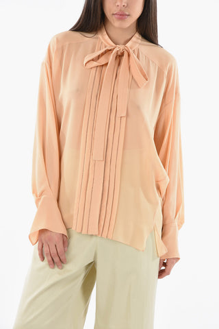 Blusa Tie Neck in Seta effetto Crepe con Dettagli Plissé