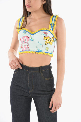 COUTURE! Corsetto LADIES WHO LUNCH in Cotone Piqué Stampato con Orli Crochet
