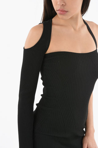 Asymmetrical Mono-shoulder Short Ribbed Dress with Cut Out Detail