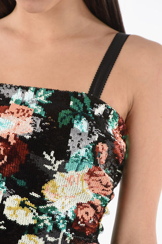 Floreal-Patterned Sequined Mini Dress with Adjustable Tiny Straps