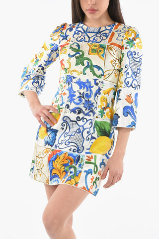 Majolica Printed Flared Midi Dress with 3/4 Sleeves