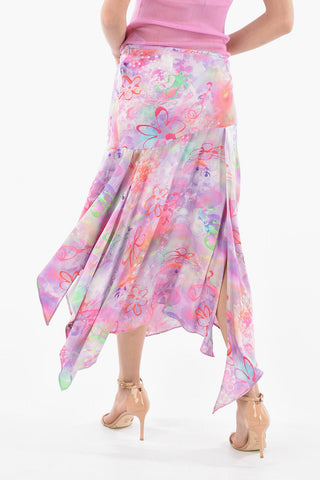 Silk High Waist Asymmetrical Cut Skirt with Maxi Split on the Front