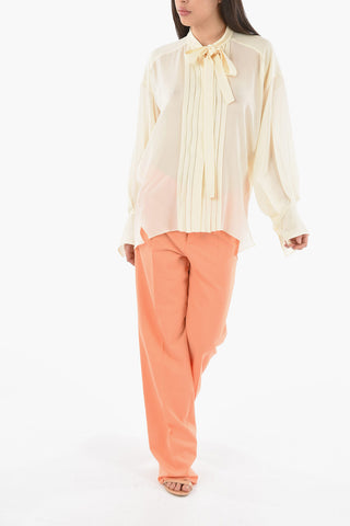 Silk-crepe Tie-neck Blouse with Pleated Detailing