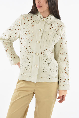 Hemp Paper Over Shirt with Scalloped Collar in Borderie Anglais Floral Motif