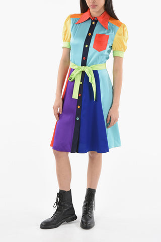 COUTURE! Tech-Satin Shortsleeved Shirt Dress in Color-block Motif
