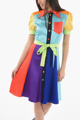 COUTURE! Tech-Satin Shortsleeved Shirt Dress in Color-block Motif