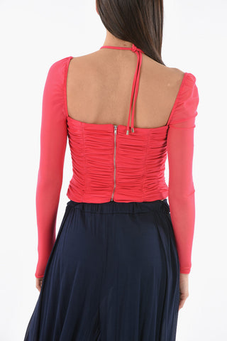 Meshed-longsleeved Crop Top with Cut-outs and Ruched Detailing