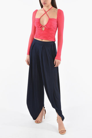 Meshed-longsleeved Crop Top with Cut-outs and Ruched Detailing