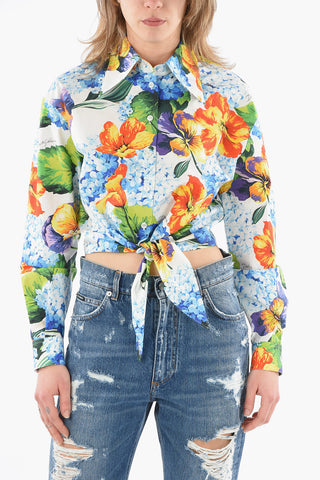 Floreal Print Cropped Shirt with Pointed Collar