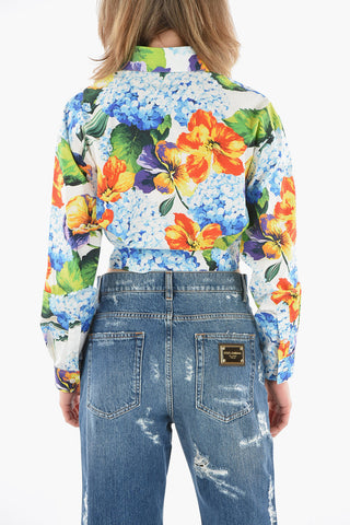Floreal Print Cropped Shirt with Pointed Collar
