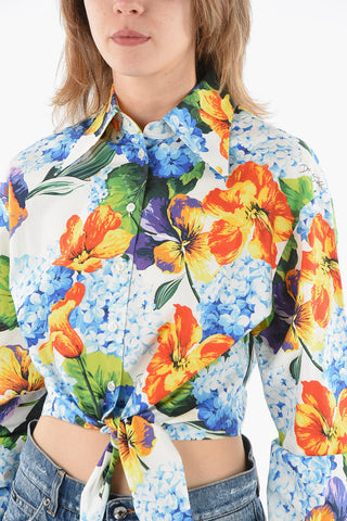 Floreal Print Cropped Shirt with Pointed Collar
