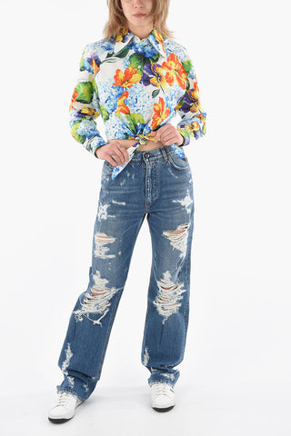 Floreal Print Cropped Shirt with Pointed Collar