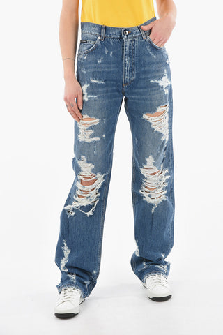 Jeans a Zampa Cinque Tasche Effetto Strappato con Toppa Logo sul Retro 21cm
