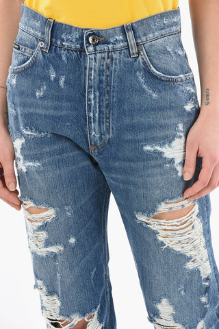 Jeans a Zampa Cinque Tasche Effetto Strappato con Toppa Logo sul Retro 21cm