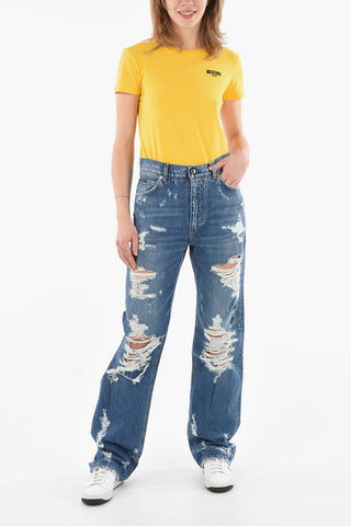 Jeans a Zampa Cinque Tasche Effetto Strappato con Toppa Logo sul Retro 21cm