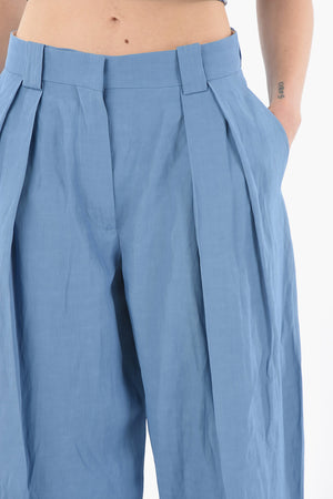 Linen And Sustainable Viscose Wide Trousers With Double Pleats