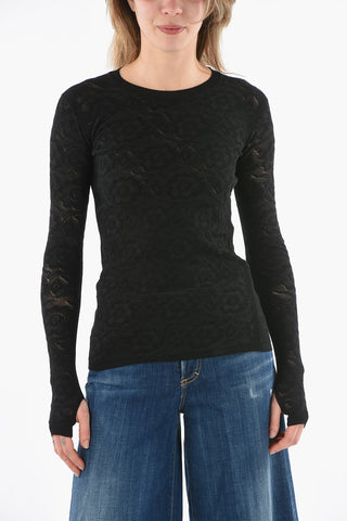 Laced Bodycon Top with Long Sleeves in Floral Motif