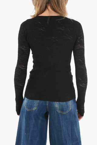 Laced Bodycon Top with Long Sleeves in Floral Motif
