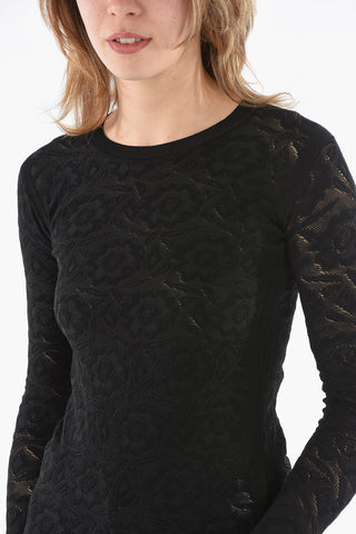 Laced Bodycon Top with Long Sleeves in Floral Motif