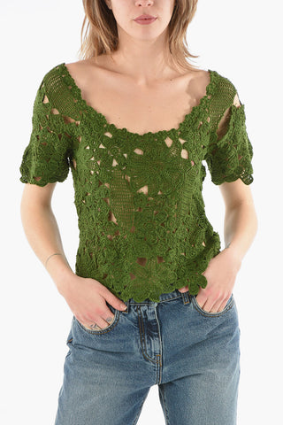 T-shirt CLAP a Fiori Lavorata all'Uncinetto con Scollo Ampio