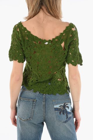 T-shirt CLAP a Fiori Lavorata all'Uncinetto con Scollo Ampio