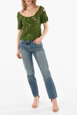 T-shirt CLAP a Fiori Lavorata all'Uncinetto con Scollo Ampio