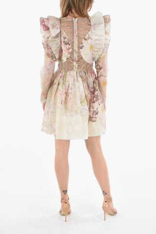 THE DANCER Linen Silk Organza Mini Dress with ALABASTER GARDEN Print