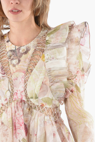THE DANCER Linen Silk Organza Mini Dress with ALABASTER GARDEN Print