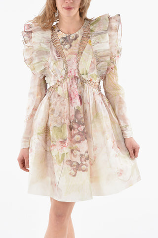 THE DANCER Linen Silk Organza Mini Dress with ALABASTER GARDEN Print