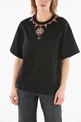 Short Sleeved Crewenck T-shirt Embelished With Rhinestones