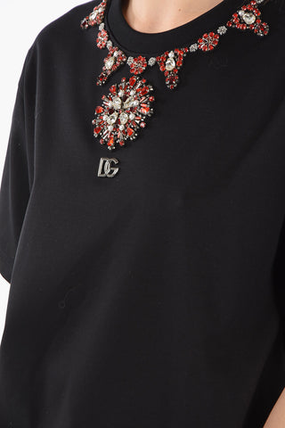 Short Sleeved Crewenck T-shirt Embelished With Rhinestones