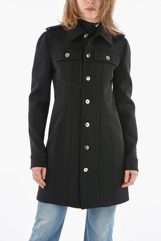 Pointed Collar Strecth Wool Minidress with Shoulder Flashes
