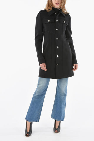 Pointed Collar Strecth Wool Minidress with Shoulder Flashes