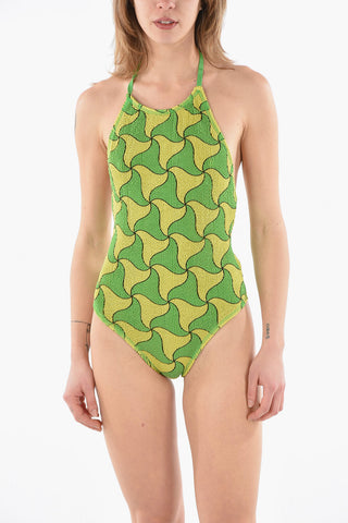 Crinkle Nylon One-piece Swimsuit with Wavy Triangle Print