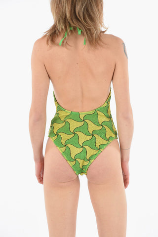 Crinkle Nylon One-piece Swimsuit with Wavy Triangle Print