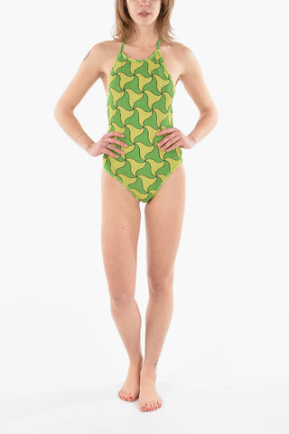 Crinkle Nylon One-piece Swimsuit with Wavy Triangle Print