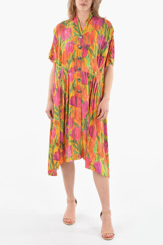 Short Sleeved Silk Flared Dress With Jewel Buttons