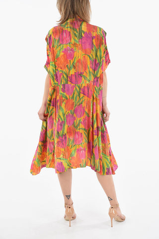 Short Sleeved Silk Flared Dress With Jewel Buttons