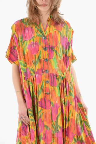 Short Sleeved Silk Flared Dress With Jewel Buttons
