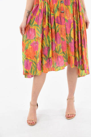 Short Sleeved Silk Flared Dress With Jewel Buttons