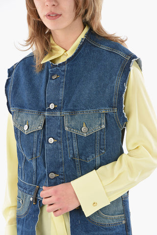 MM1 Vintage Details All Over Denim Vest with Raw Cut Edges