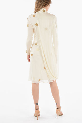 Silk-satin Draped Midi Dress detailed with Gold-toned Stars