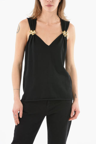 Virgin Wool Short Sleeved Top With Jewel Brooch