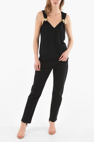Virgin Wool Short Sleeved Top With Jewel Brooch