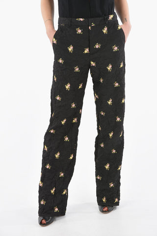 Straight-leg Wrinckled Effect Trousers with Floral Print