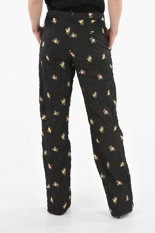 Straight-leg Wrinckled Effect Trousers with Floral Print