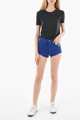 Fringed High-waisted Shorts with Buttoned Fastening