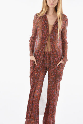 Cardigan See Through con Motivo Florale e Tasche a Toppa