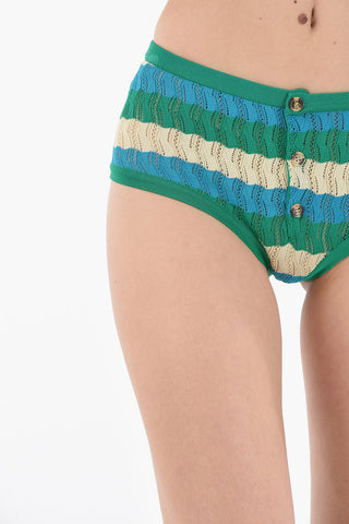 Front Buttoned Knitted Bikini Slip with Striped Motif